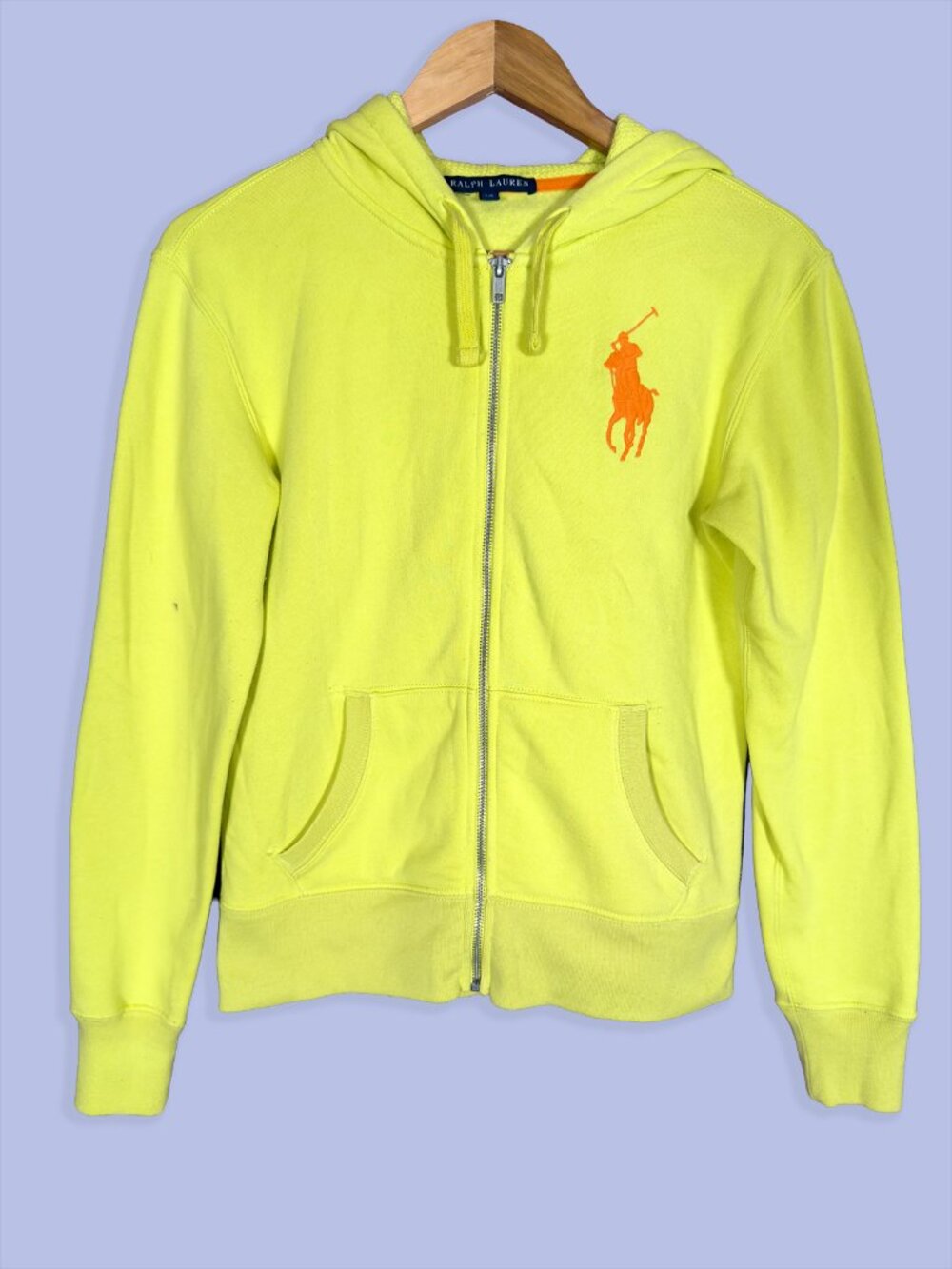 Ralph Lauren Neon Yellow Full Zip Hoodie Sweatshirt Orange Big Pony Size Small